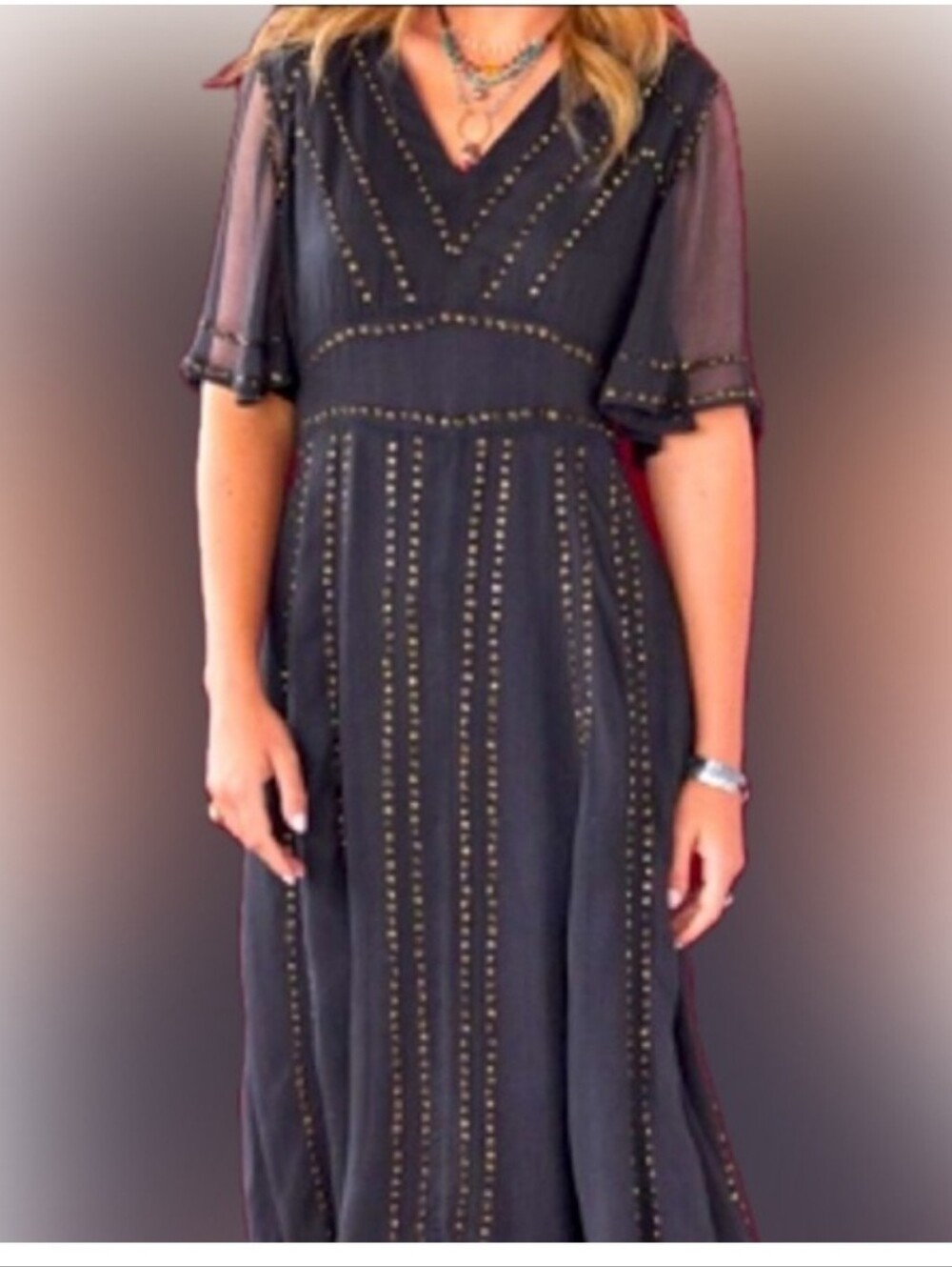 Sundance gray black Sequin Maxi Dress with Flutter Sleeves size large